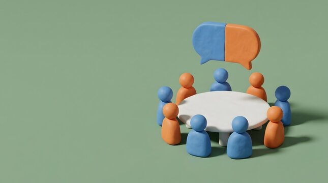 Round table business meeting with blue and orange clay figures sharing a dual color speech bubble representing consensus and collaborative discussion