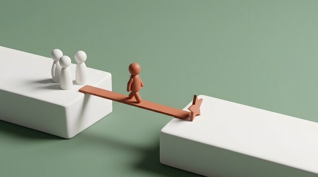 Brown wooden figure crossing a bridge to reach a star goal leaving others behind representing leadership courage and business success
