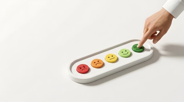 Hand pressing a green happy face button on a customer satisfaction scale representing positive feedback and excellent service evaluation
