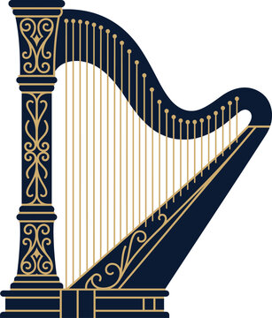 Ornate classical harp illustration with gold filigree on dark blue background. Elegant musical harp vector icon for classical music design