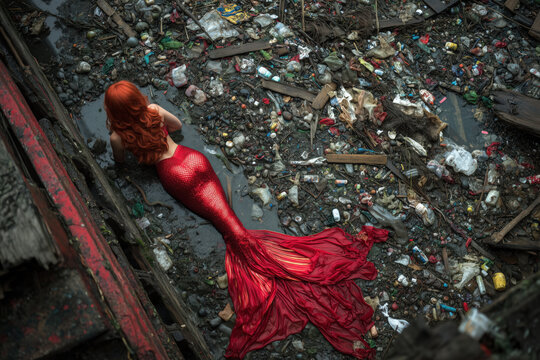 fantasy mermaid with long red hair and red fishtail lying among garbage in polluted water, overhead view, photorealistic