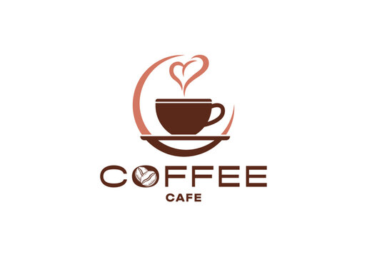 Simple vector graphic logo for coffee cafe. Brown cup set with semi circle or crescent shape, with stylized hot steam or aroma forming shape of heart. Emblem and icon. Beans. Tea. Isolated background