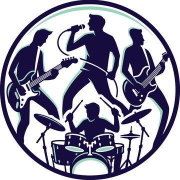 Rock band silhouette performing music inside a circular emblem design. Musical band performance silhouette in circular logo style