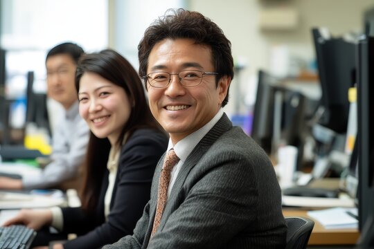 Asian businessman wearing glasses smiling brightly in an office setting with colleagues