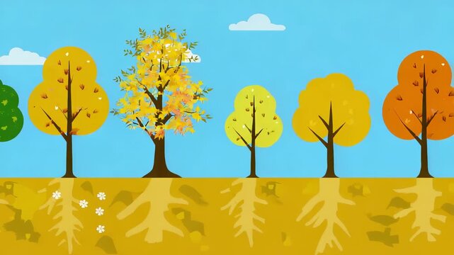 Four Seasons Tree Cycle: Illustration of Spring, Summer, Autumn, Winter Foliage and Root Growth Stages for Educational Use.