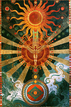 fantasy mindfulness, oracle of the sacred, golden sun above winged heart and green circular symbols, illustration