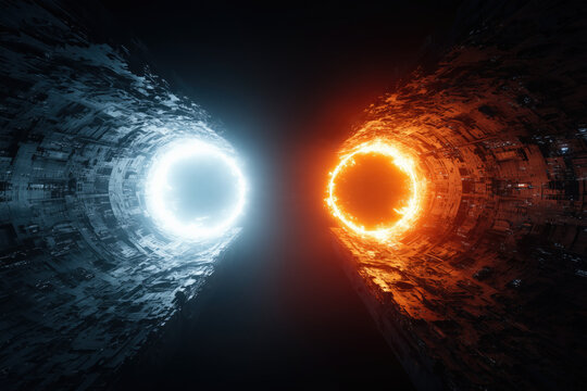 fantasy portal with opposing blue ice and orange fire rings, photorealistic