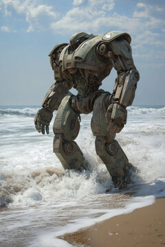 fantasy talos giant robot with weathered gray armor standing in shallow ocean surf on sunny beach, photorealistic