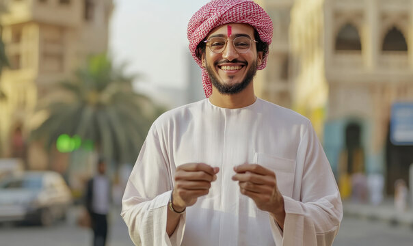 Middle eastern man wearing traditional white thobe and red headscarf smiling outdoors