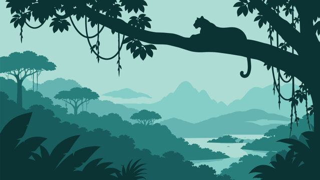 Flat vector illustration of a panther silhouette resting on a tree branch in a lush green tropical rainforest landscape with layered mountains and a river