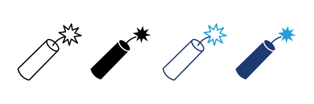 Dynamite stick and explosive fuse icon set, TNT blast and firework spark symbol, demolition and boom effect vector illustration, gaming hazard explosive icon set