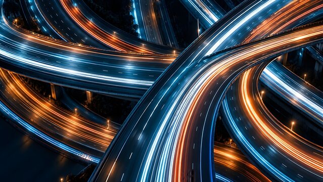 Dynamic aerial view of a complex multi-level highway interchange at night, featuring vibrant car light trails indicating rapid movement and urban connectivity.