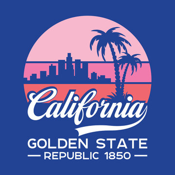 Vintage California Golden State logo emblem with palm trees, city skyline silhouette and retro sunset vector illustration