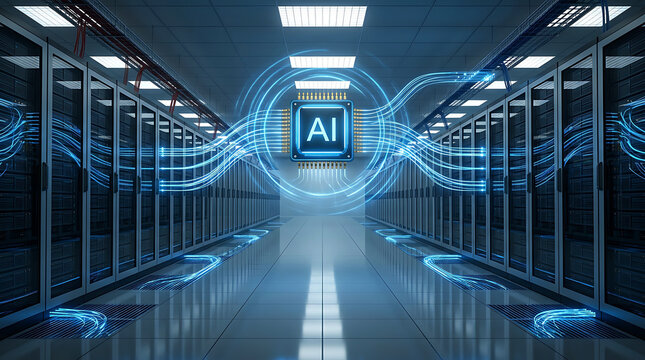 Data center server room with futuristic artificial intelligence chip and glowing code