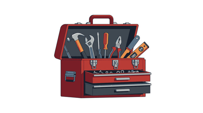 Open red metal tool box with various hand tools