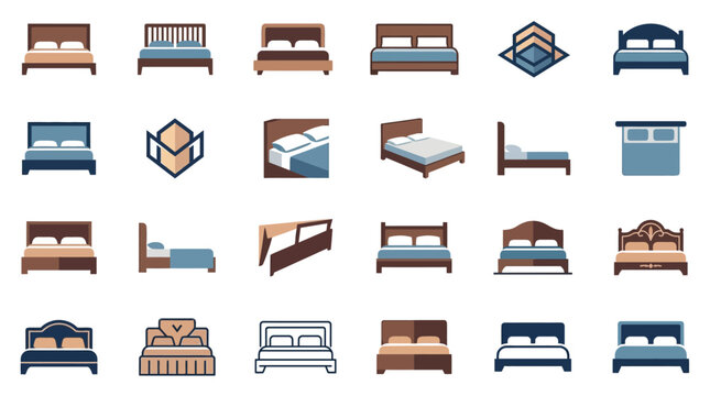 Minimalist bed icons and bedroom furniture symbols set illustration.