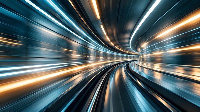 Dynamic futuristic tunnel with vibrant blue and orange light trails, showcasing abstract high-speed motion blur, symbolizing rapid technology and digital flow.