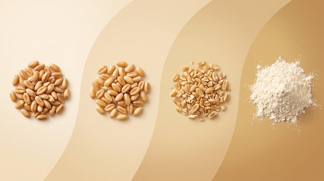 Evolutionary stages of wheat processing from organic whole grains to fine white flour on beige