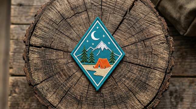 Embroidered camping patch with mountain and tent design on a rustic