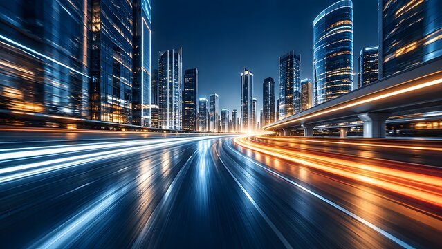 Futuristic city highway at night with illuminated glass skyscrapers and dynamic motion light trails showcasing rapid urban development and efficient transportation.