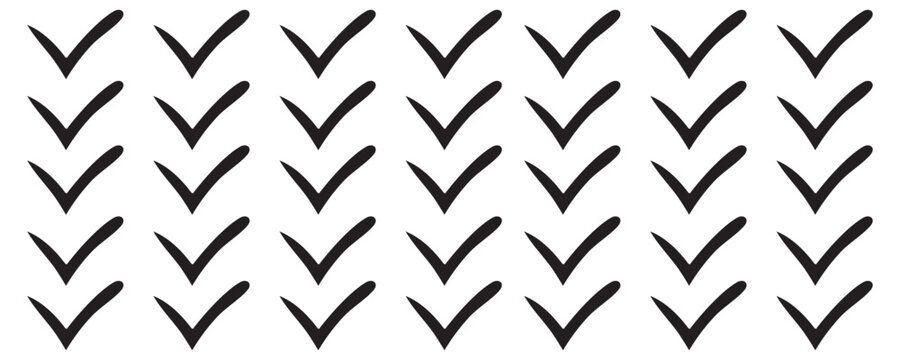 Hand-drawn black ink brush stroke check marks seamless pattern set on white background   