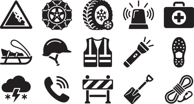 Winter emergency and safety equipment vector icons set