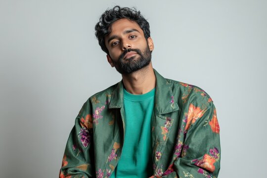 Young bearded south asian man wearing a green patterned jacket and sweater against a white wall