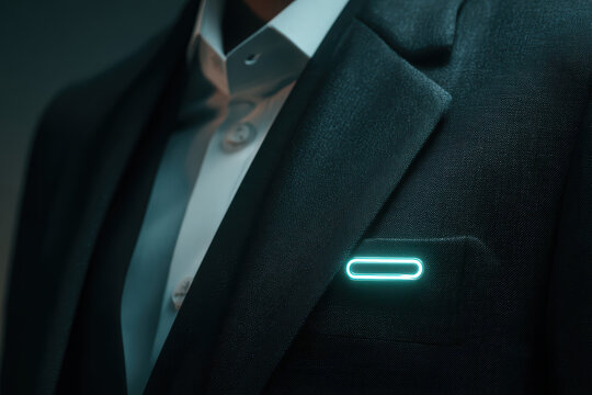 Futuristic AI pin with glowing neural circuitry attached to a professional blazer, illustrating screenless artificial intelligence designed for assistance, communication and wearable computing