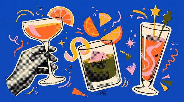 Hand holding cocktail glass with assorted drinks and citrus garnish