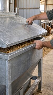 Farm worker lifts the lid and opens a drawer on a galvanized grain feed bin as cattle stand behind a barn railing