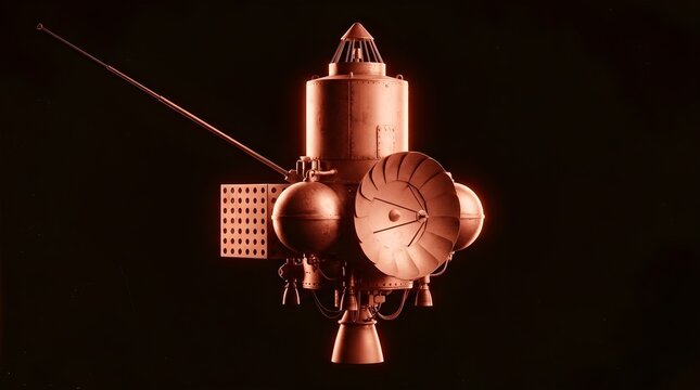 Vintage space probe with parabolic dish antenna and fuel tanks in red duotone on black background