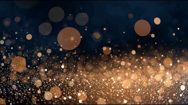 Golden dust bokeh with soft shimmer and glitter particles glowing on a deep dark blue backdrop, Christmas and New Year video