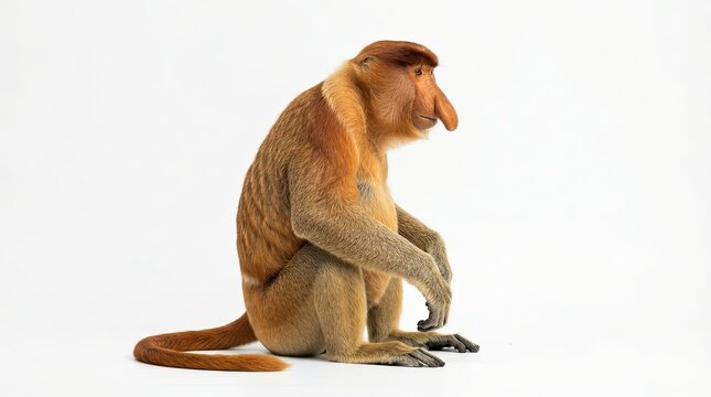 A male proboscis monkey with a large nose sits on a white background, profile view