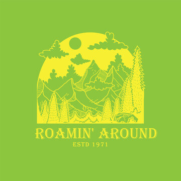 Vintage Roamin' Around outdoor adventure logo emblem with mountain landscape and pine forest arch line art vector illustration