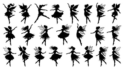 Fototapeta premium Silhouette of Dancing Fairies: A collection of twenty-four delicate fairy silhouettes in various graceful poses, each with whimsical wings, capturing the magic and fantasy of these mythical creatures.