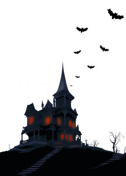 Halloween night illustration symbolizing horror, gothic fear, spooky mystery, and supernatural dread with an eerie haunted mansion on a dark hill and flying bats silhouettes (cut out)