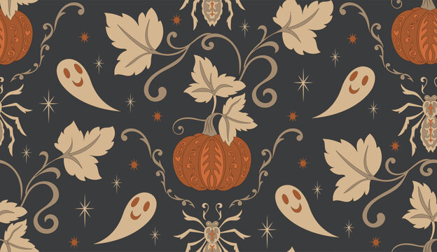 Halloween Pumpkin and Ghost Pattern on Dark Charcoal. Vintage seamless ornament with spiders, curling vines and stars. Decorative vector illustration for seasonal textiles and wrapping paper.