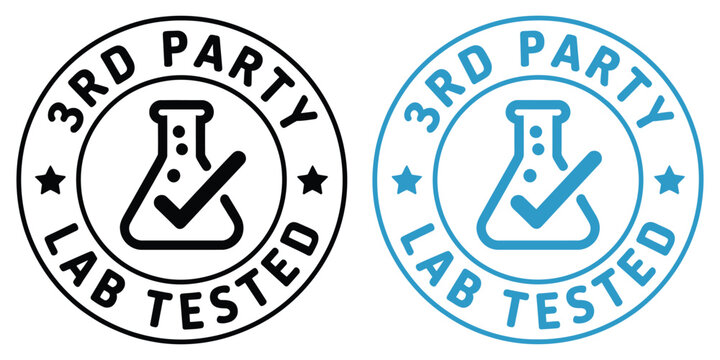 Third party lab tested vector label badges featuring certification symbols for quality assurance, verified products, laboratory testing, safety standards, and trusted branding.