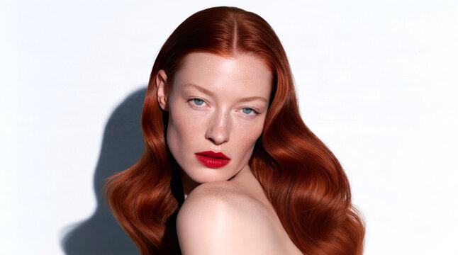 Copper hair beauty portrait featuring long glossy waves, dimensional red toning, healthy shine, smooth texture, elegant styling, red lipstick and refined luxury haircare aesthetic.
