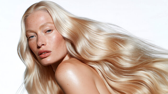 Luxury haircare beauty portrait featuring long flowing platinum blonde hair, silky luminous waves, dimensional creamy beige tones, glossy healthy strands, natural freckles, elegant minimalist styling.