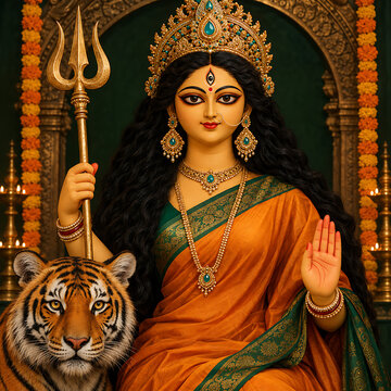 Majestic goddess sitting gracefully beside fierce tiger while holding golden trident weapon wearing colorful elegant sari during holy durga puja and navratri