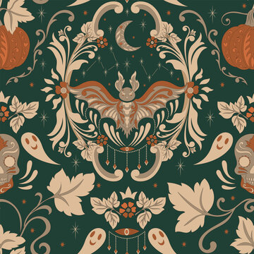 Halloween Bat Damask Pattern with Crescent Moon and Ghosts. Vintage gothic seamless ornament with pumpkins and skulls on dark green. Decorative vector illustration for wallpaper and textiles.