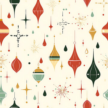 Seamless retro Christmas vector pattern featuring mid-century colorful hanging baubles waterdrops and sparkles on cream