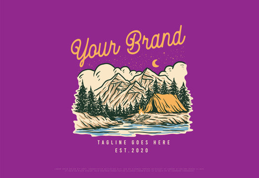 Vintage Outdoor Adventure Logo Template with Mountains and Camping Tent