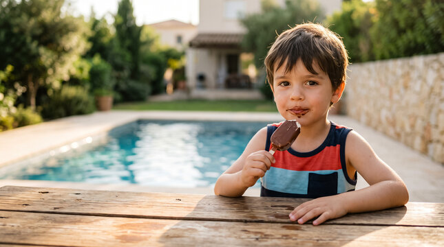 Portrait of a happy child with a messy chocolate face enjoying a popsicle outdoors in the backyard