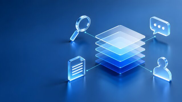 Abstract Crystal Glass Data Layers with Glowing Network Search and Communication Icons