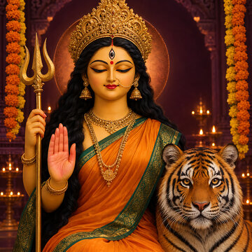 Majestic goddess durga holding a golden trident while sitting peacefully with a wild tiger for the auspicious navratri and durga puja festival