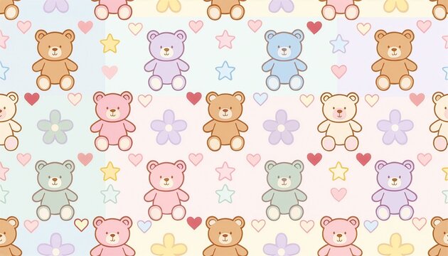 Pastel grid pattern with cute teddy bears colorful flowers and hearts