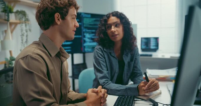 Diverse team software developer discuss AI coding and project strategy at office. Creative startup group brainstorming, Mentor code review training, Digital communication innovation strategy concept.
