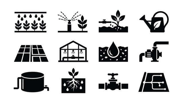 Set of twelve black icons depicting irrigation and agricultural water management systems